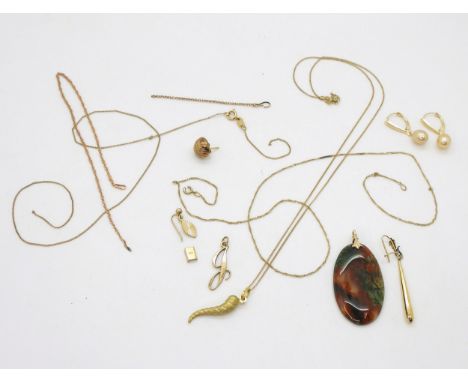 A pair of 14k gold pearl drop earrings, weight 2gms yellow metal mounted moss agate pendant, together with a 9ct gold 'J' pen