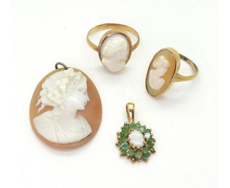 A 9ct cameo ring, a yellow metal example and a pendant, together with a 9ct emerald and opal flower pendant 7.2gms Condition 