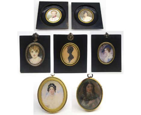 A collection of portrait miniatures, to include four painted on ivory (dark-haired lady wearing a white dress and veil in gil