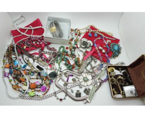 A silver heart link chain, a vintage boxed set of Stratton cufflinks and tie slide, two necklaces by Lola Rose, a Pilgrim of 