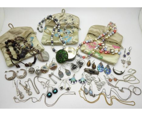 Honora pearls, a silver and enamel trinket box, a pair of Ola Gorie silver earrings, a pair of silver and enamel earrings by 
