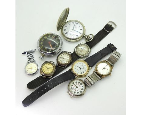 A Smiths dashboard clock, a Smiths nurses watch, a silver cased gents watch with London import marks for 1926, a vintage Cara