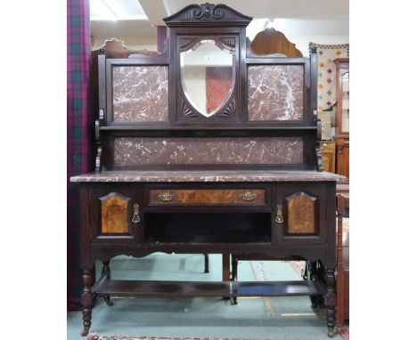 A Victorian mahogany and burr walnut veneered washstand with mirror and marble inset back splash over marble top on base with