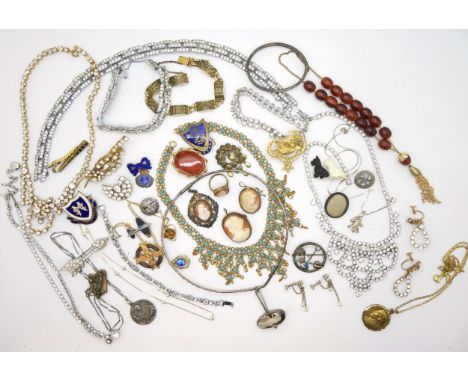 A retro smoky quartz silver necklace, a silver filigree cameo pendant of Mary and Jesus, together with other examples, vintag