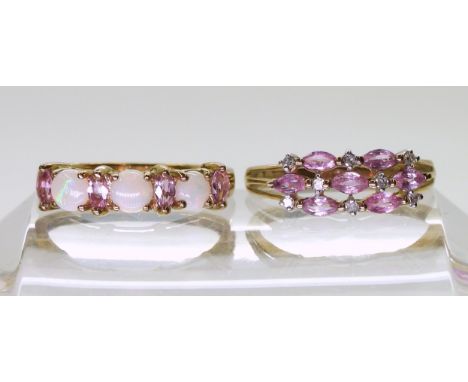 A 9ct gold pink sapphire and diamond ring, finger size N1/2, together with a 9ct gold pink sapphire and opal ring, size N1/2,