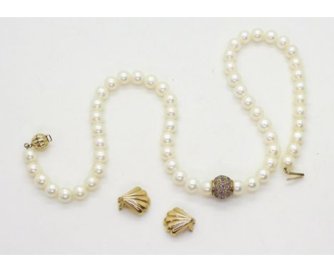 A string of white pearls with a 9ct clasp and amethyst set gold bead detail, each pearl approx 8mm, length 47cm, and a pairof