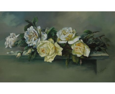 ISA J LAMONT&nbsp;Roses on a shelf, signed, oil on board, 40 x 60cm Condition Report:Available upon request