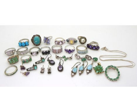 A silver emerald pendant and chain, silver and white metal rings, earrings and pendants set with gems and gemstones, to inclu