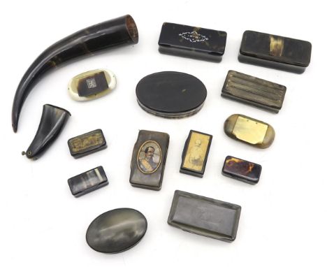 A collection of horn snuff boxes, to include an example with inset oval portrait of a bearded gentleman in military uniform, 