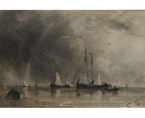 C.S&nbsp;Fishing boats, monogrammed, charcoal, 25 x 36cm and five colour engravings and JOHN FULLWOOD Harvest Chertsey Vale, 