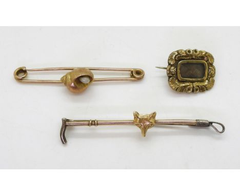A 9ct shell &amp; pearl bar brooch, together with a 9ct gold and silver fox &amp; cropp brooch, and a yellow metal hair art m