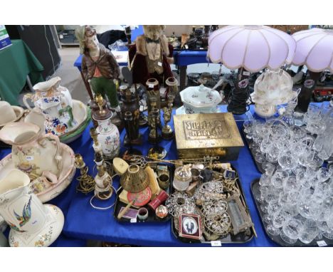 A brass slipper box with&nbsp;Louis Wain style decoration, assorted other brass, photograph frames, cherub lamps, poker work 