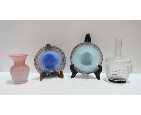 A Simon Gate for Orrefors wave pattern decanter with black glass foot, together with two Monart glass dishes and a Vasart gla