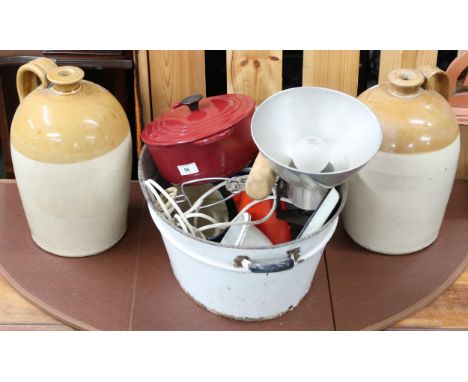 A lot comprising two stoneware jugs, enamel ware basin, Le Creuset crock pot, kitchen wares, two wicker hampers etc Condition
