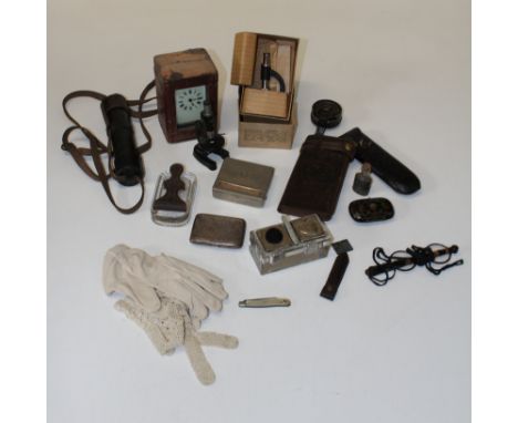 A cased drawer telescope, a British military compass and various miscellaneous items including mother of pearl penknives, sil