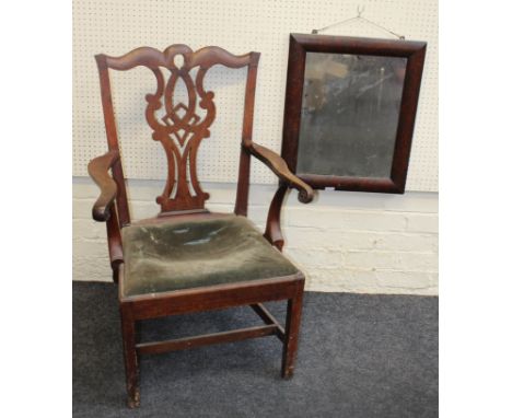 A George III walnut framed large elbow chair in the Chippendale style and a burr yew wood framed cushion mirror height 80cm