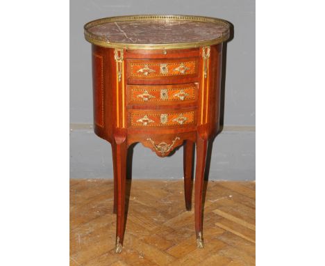 A 20th century French kingwood, box and ebony strung marble top night commode, fitted slide above three drawers, raised on sl