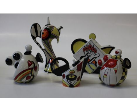 A Lorna Bailey Prototype coffee pot, 29cm high, a Highfield pattern teapot, a limited edition Lover's Lane teapot, numbered 7