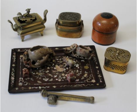 A small quantity of Oriental items including an opium pipe and a mother of pearl inlaid tray