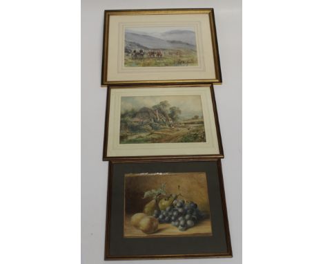 R Macauley ( 19th century British) Thatched cottage in high summer, with figure and chickens. Watercolour, signed lower left,