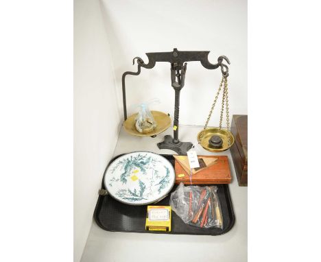 A selection of collectables, including: set of cast iron postage scales, together with weights; a pewter warming dish with in