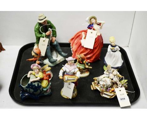 A selection of decorative figures, including: Royal Doulton figure of ‘Autumn Breezes’ HN1934; Hereford China figure of a gir
