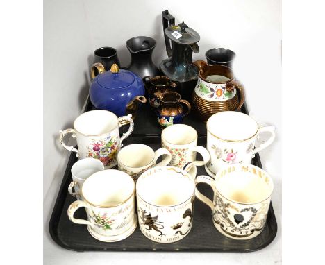 A selection of ceramics and metal wares, including: three copper lustre ware jugs; silver plated tea pot; three Prinknash Pot