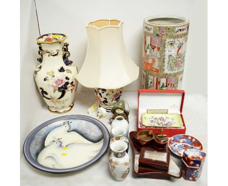 A selection of decorative ceramics, including: Royal Copenhagen vase; Mason's Mandalay vase; Mason's Mandalay table lamp;  Ch