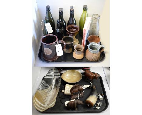 A selection of glass and stoneware, including: stoneware tankard; stoneware mug; glass bottles; and other items.  A carved wo