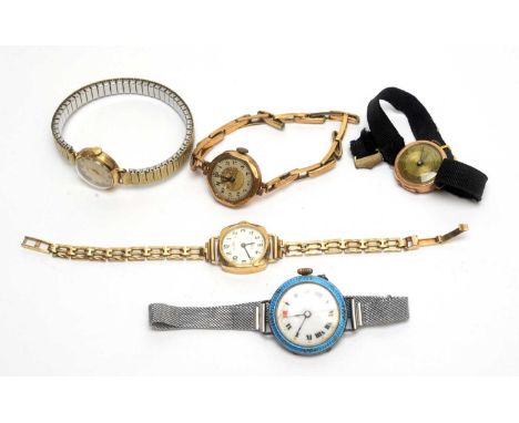 Four 9ct yellow gold cased cocktail watches; and an enamel decorated silver cased cocktail watch. 