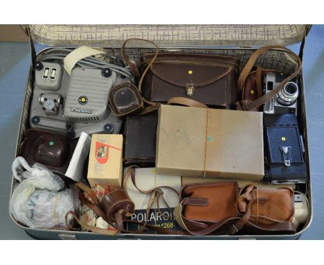 A collection of cameras, including Taron, Crown 8 Cinecamera, Polaroid 320 Land Camera, Kodak, Certo, Voigtlander and others,