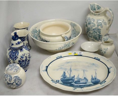 A selection of blue and white ceramics, including: Ringtons Mason's Koro ginger jar and cover; pair of Delft blue and white v
