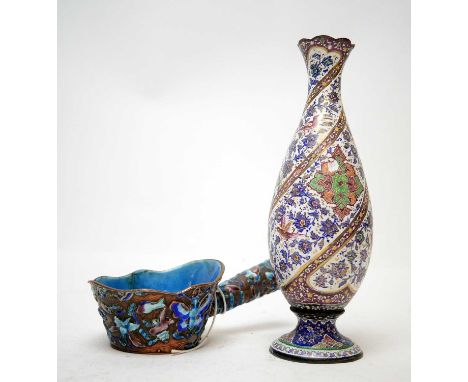 An Oriental enamel vase; together with a Chinese enamelled silk iron. (2)