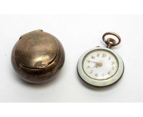 An enameled silver Swiss fob watch, with manual wind movement; and a silver pill box.