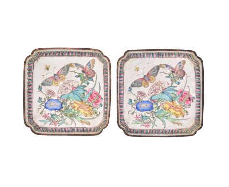 A PAIR OF CANTON ENAMEL SQUARE-SHAPED ‘RUBY BACK’ DISHES, QING DYNASTY, EARLY QIANLONG PERIOD, CIRCA 1740Each well painted wi