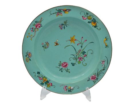 A CANTON ENAMEL TURQUOISE DEEP DISH, QING DYNASTY, SEAL MARK AND PERIOD OF QIANLONG, 1736 – 1795Finely painted with scattered