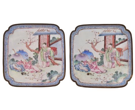 A PAIR OF CANTON ENAMEL SQUARE DISHES, QING DYNASTY, QIANLONG PERIOD, CIRCA 1750Each finely painted with a  scene of two drun
