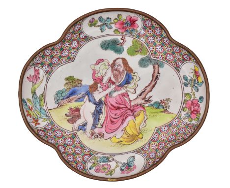 A CANTON ENAMEL EUROPEAN-SUBJECT QUATRELOBED DISH, QING DYNASTY, QIANLONG PERIOD, CIRCA 1750Well painted with a bearded weste