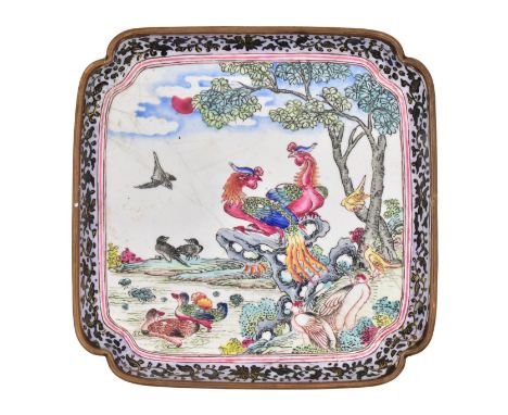 A GOOD CANTON ENAMEL DISH, QING DYNASTY, QIANLONG PERIOD, 1736 – 1795Finely painted with pairs of birds including phoenix, du