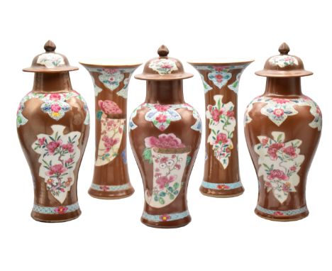 A CHINESE 'FAMILLE ROSE' PORCELAIN 'BATAVIAN' WARE’ FIVE PIECE GARNITURE, QING DYNASTY, YONGZHENG PERIOD, 1723 – 1735Comprisi