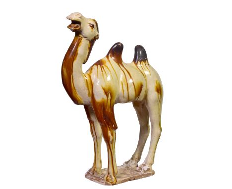 A CHINESE SANCAI-GLAZED POTTERY MODEL OF A BACTRIAN CAMEL, TANG DYNASTY, 618 – 907 ADModelled standing its head raised, its d