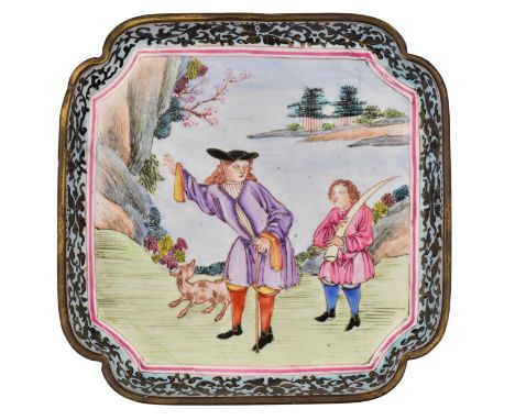 A CANTON ENAMEL EUROPEAN-SUBJECT ‘TRIBUTE’ SQUARE DISH, QING DYNASTY, QIANLONG PERIOD, 1736 – 1795Painted with a Dutchman wea