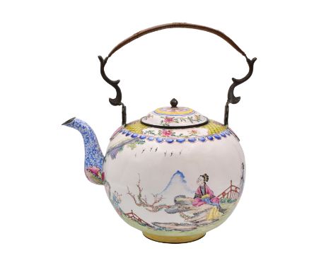 A CANTON ENAMEL TEA KETTLE AND COVER, QING DYNASTY, QIANLONG PERIOD, 1736 – 1795Of large globular form with rattan swing hand