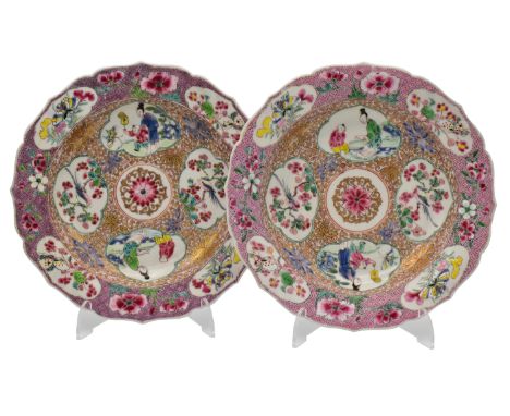 A PAIR OF CHINESE 'FAMILLE ROSE' PORCELAIN SEMI-EGGSHELL PLATES, QING DYNASTY, YONGZHENG PERIOD, CIRCA 1730Each of barbed for