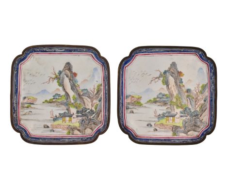 A PAIR OF CANTON ENAMEL ‘FAMILLE-ROSE’ SQUARE SHAPED DISHES, QING DYNASTY, EARLY QIANLONG PERIODEach painted with a ‘red clif