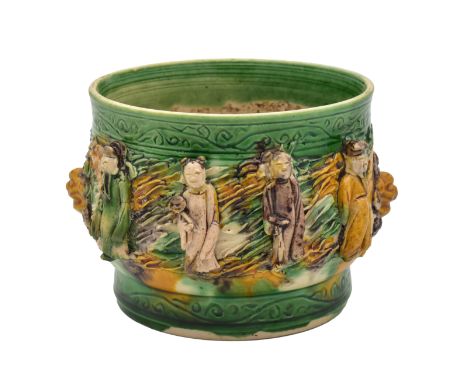 A CHINESE ENAMEL ON BISCUIT ‘EIGHT IMMORTALS’  SANCAI CENSER, QING DYNASTY, KANGXI PERIOD, 1662 – 1722Modelled with two lion-