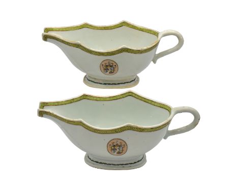 A PAIR OF CHINESE EXPORT ‘DANISH MARKET’ ARMORIAL PORCELAIN SAUCE BOATS, QING DYNASTY, QIANLONG PERIOD, CIRCA 1785Painted in 