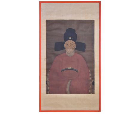 A KOREAN SCROLL PAINTING OF A SEATED MING DYNASTY OFFICIALPainted on coarse silk, the official wearing a pink robe and black 