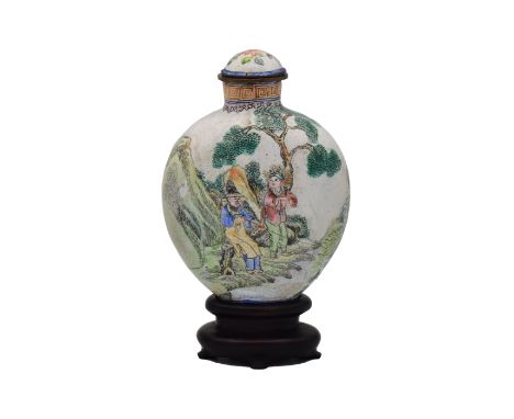 A CHINESE ENAMEL SNUFF BOTTLE AND STOPPER, APOCRYPHAL FOUR-CHARACTER MARK OF QIANLONGOf shouldered ovoid form, painted with t