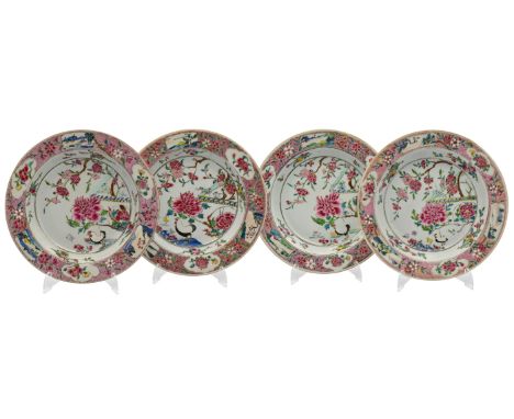 A SET OF FOUR CHINESE EXPORT ‘FAMILLE-ROSE’ PORCELAIN SOUP PLATES, QING DYNASTY, YONGZHENG PERIOD, CIRCA 1723 – 1735Each pain